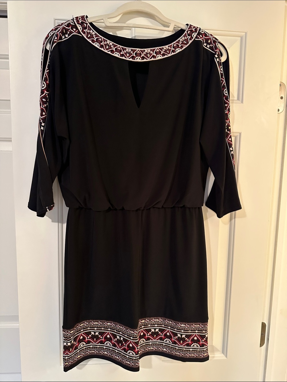 Black 3/4 Sleeve Tunic with Embroidered Neckline